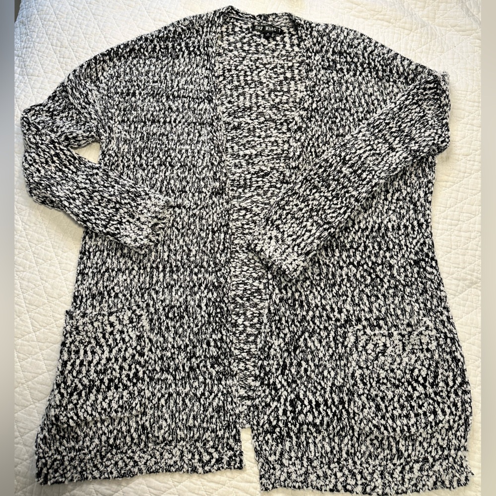 Say What? Black & White Textured Open Knit Cardigan with Front Pockets - Size M